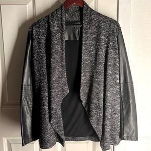 Black open front tweed and faux leather jacket